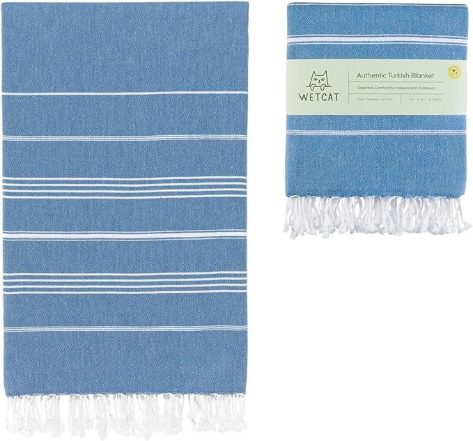 WETCAT Turkish Beach Blanket Sandproof (82"x82") 100% Turkish Cotton, Made in Turkey - Sand Free, Ultra Soft, Extra Large Throw for Picnic – Blue