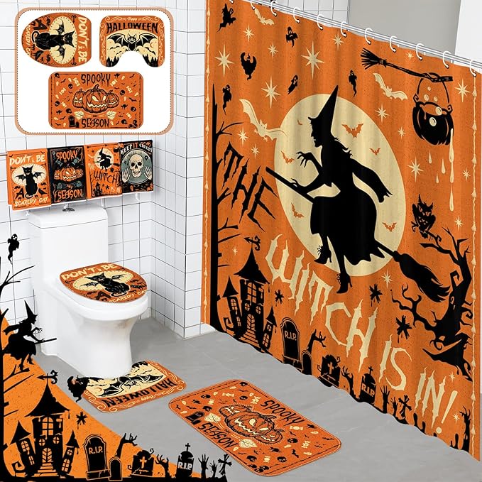 8 Pcs Halloween Shower Curtain Set for Bathroom Include Witch Shower Curtain Black Cat Towels Non Slip Rugs Toilet Lid Cover Spooky Pumpkin Bath Mat and 12 Hooks for Halloween Bathroom Decor