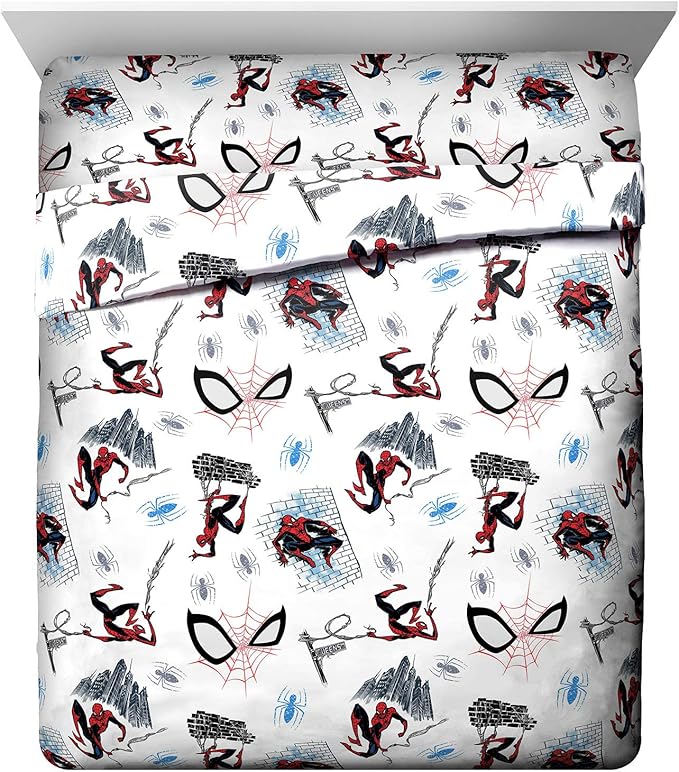 Jay Franco Kids Sheet Set with Fitted, Flat Sheets & Pillow Cover - Ultra-Soft Bedding with Pillowcase for Room Decor, White - Spiderman, 4 Piece Queen