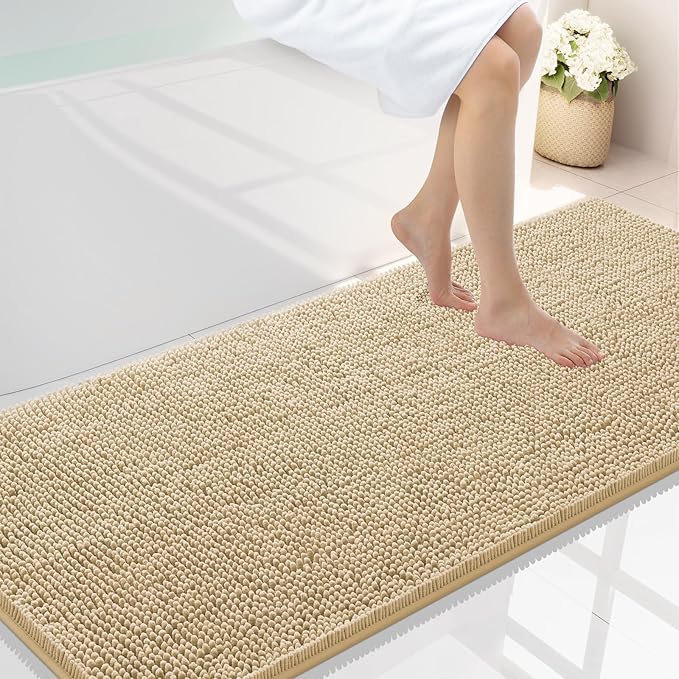 Smiry Luxury Chenille Bathroom Rugs 59x24, Extra Soft and Absorbent Shaggy Bath Mat, Machine Washable, Non-Slip Plush Carpet Runner for Tub, Shower, and Floor, Home Decor Accessories, Beige