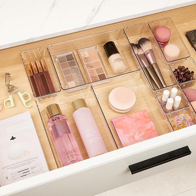 Vtopmart 10 Pcs Makeup Drawer Organizer Bins Set, 4 Size Plastic Makeup and Vanity Organizer Trays, Clear Acrylic Vanity Storage Containers for Cosmetics, Toiletries, Jewelry, Gadgets, Office Supply