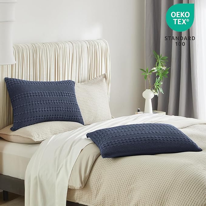 PHF 100% Cotton Waffle Pillow Shams Standard Size, 2 Pack 20" x 26" Soft Skin-Friendly Pillowcases, No Filling, Aesthetic Woven and Breathable Waffle Weave Pillow Case Covers for Bed, Dark Navy
