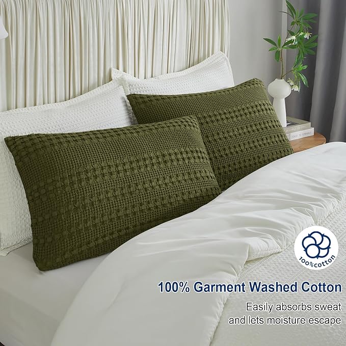 PHF 100% Cotton Waffle Pillow Shams King Size, 2 Pack 20" x 36" Soft Skin-Friendly Pillowcases, No Filling, Aesthetic Woven and Breathable Waffle Weave Pillow Case Covers for Bed, Capulet Olive