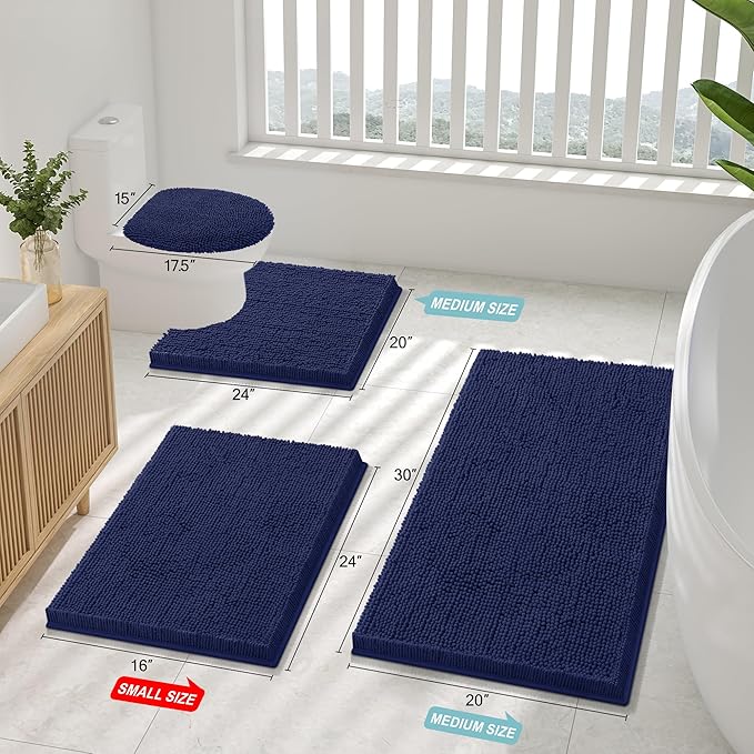 Smiry Luxury Chenille Toilet Rugs U-Shaped 24x24, Soft Absorbent Non-Slip Contour Bathroom Rugs for Toilet, Machine Washable Contoured Bath Mats, Navy Blue
