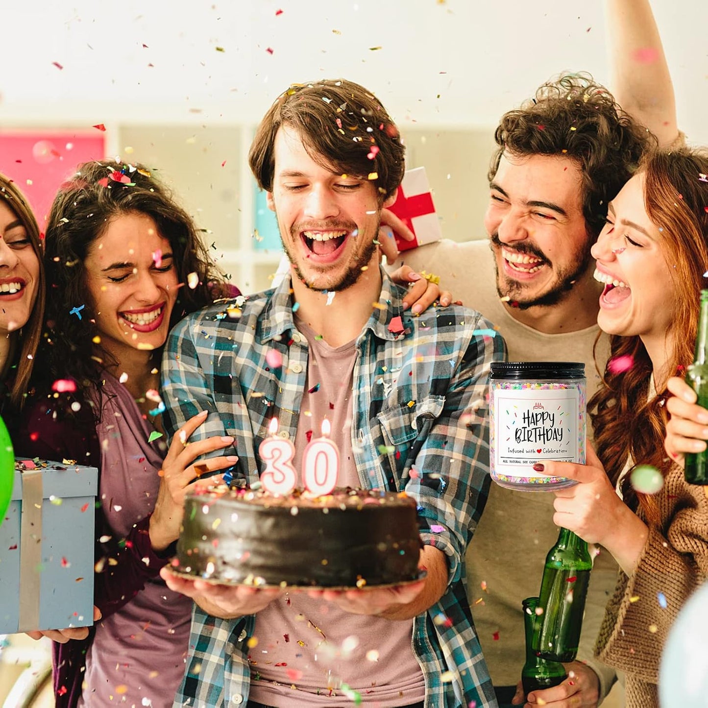 Homsolver Happy Birthday Gifts for Women Men, Vanilla Cream Scent with Sprinkles Candy Birthday Candles, Unique Best Friend Idea Gifts for her, Handmade Candle Decor