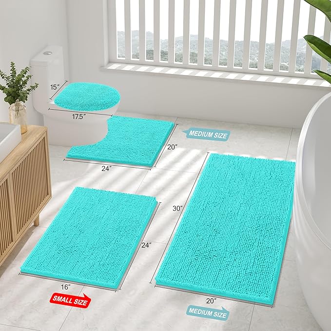 Smiry Luxury Chenille Bathroom Rugs 30x20, Extra Soft and Absorbent Shaggy Bath Mat, Machine Washable, Non-Slip Plush Carpet Runner for Tub, Shower, and Floor, Home Decor Accessories, Turquoise