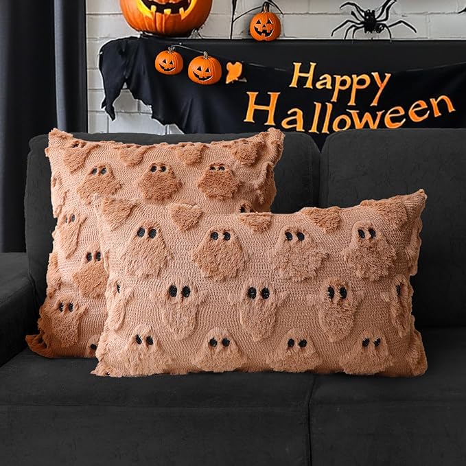 4TH Emotion Halloween Ghost Decorative Lumbar Pillow Covers 12x20 Set of 2, Light Brown Soft Plush Faux Fur Farmhouse Throw Cushion Cases for Fall Autumn Holiday Home Decorations