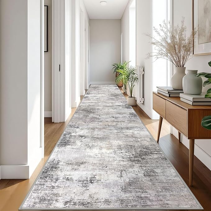 IOHOUZE Abstract Runner Rug 3x18 Ft Washable Runners for Hallways, Non Slip Kitchen Runner Printed Faux Wool Entryway Runner Indoor, Modern Abstract Floor Carpet for Hall Stair, Grey Beige