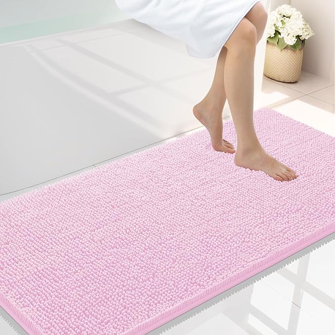 Smiry Luxury Chenille Bathroom Rugs 44x24, Extra Soft and Absorbent Shaggy Bath Mat, Machine Washable, Non-Slip Plush Carpet Runner for Tub, Shower, and Floor, Home Decor Accessories, Pink