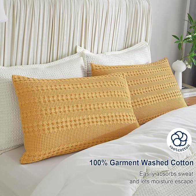 PHF 100% Cotton Waffle Pillow Shams Queen Size, 2 Pack 20" x 30" Soft Skin-Friendly Pillowcases, No Filling, Aesthetic Woven and Breathable Waffle Weave Pillow Case Covers for Bed, Honey Yellow