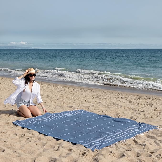WETCAT Turkish Beach Blanket Sandproof (82"x82") 100% Turkish Cotton, Made in Turkey - Sand Free, Ultra Soft, Extra Large Throw for Picnic – Blue