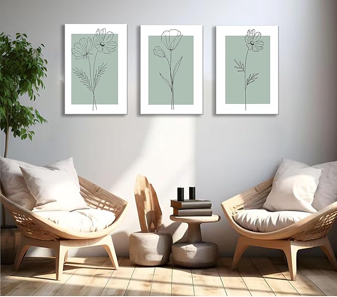 3 Line Flower Canvas Wall Art - Minimalist Botanical Flower Paintings for Living Room, Bedroom, Bathroom Decor