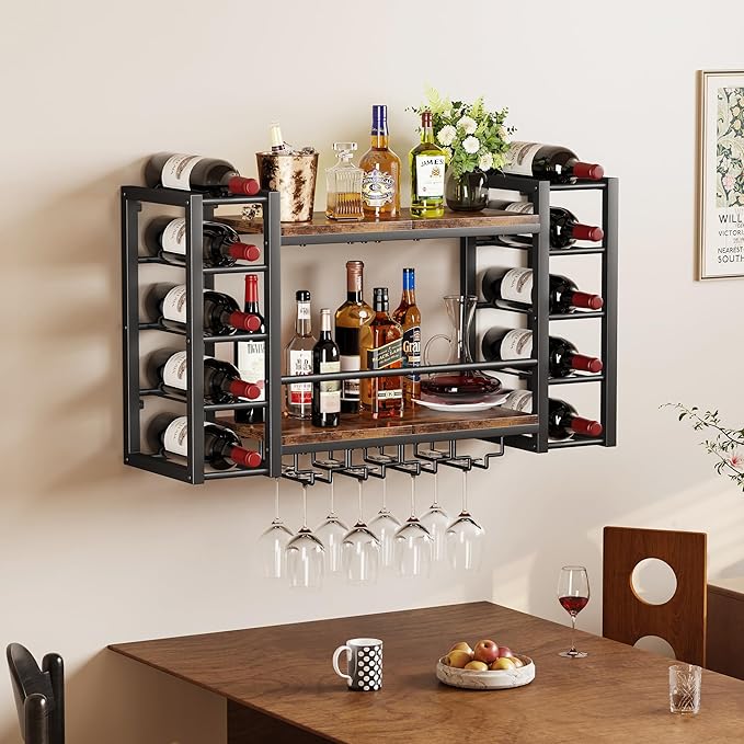 Wall Mounted Wine Rack, Bottle & Glass Holder, Wood & Metal Wine Shelf Storage with Top Enclosure, Heavy Duty Bar Decor for Home, Kitchen, Bar (31.9" x 9.8" x 19.7")