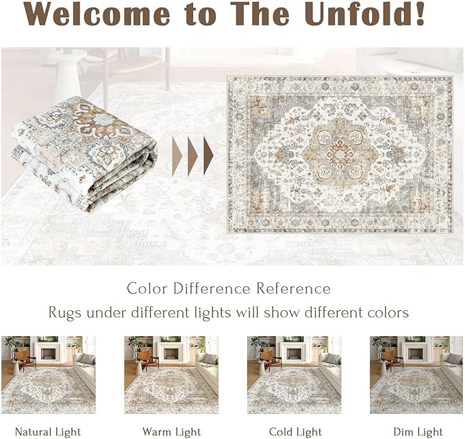 6x9 Area Rug for Living Room - Large Oriental Washable Rugs for Bedroom Non-Slip Tan Cream Stain Resistant Dining Room Rug Farmhouse Low-Pile Carpet Soft Vintage Rug for Office Guest Room