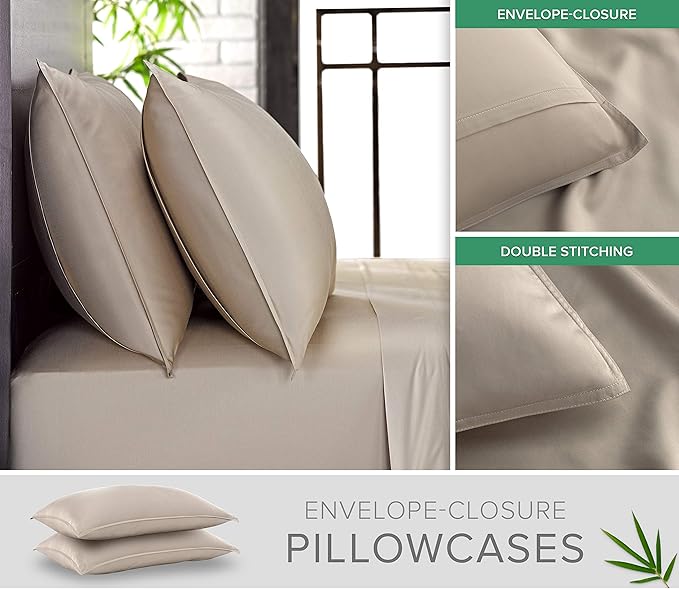 Split King Sheets by Pure Bamboo, Genuine 100% Organic Viscose Derived from Bamboo Bed Sheet Set, Soft & Cooling, Double Stitching *Not for Split Top (Split King, Sand)