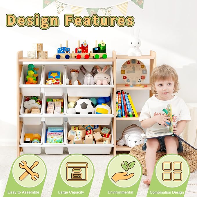 MallBest 4-Tier Kids' Toy Storage Organizer Shelf - 100% Solid Wood,Children's Storage Cabinet with 9 Plastic Bins and and 3 Storage Ports (Varnish-Single Color)