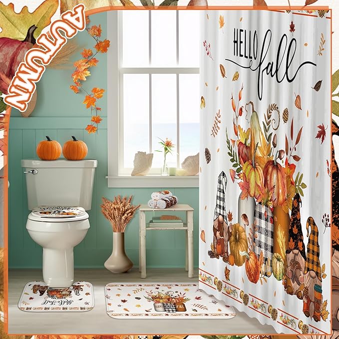 8 Pcs Hello Fall Shower Curtain Set for Bathroom Include Harvest Autumn Gnome Shower Curtain Towels Non Slip Rugs Toilet Lid Cover Pumpkin Bath Mat and 12 Hooks for Autumn Bathroom Decor