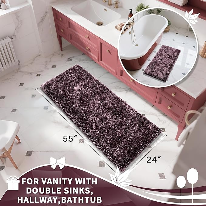 Yimobra Long Bathroom Rugs Runner 55x24 Inch, Extra Thick Soft Absorbent Chenille Bath Mat, Non Slip Machine Washable, Quick Dry Bath Rugs for Bathroom Floor, Tub and Shower, Purple Grey