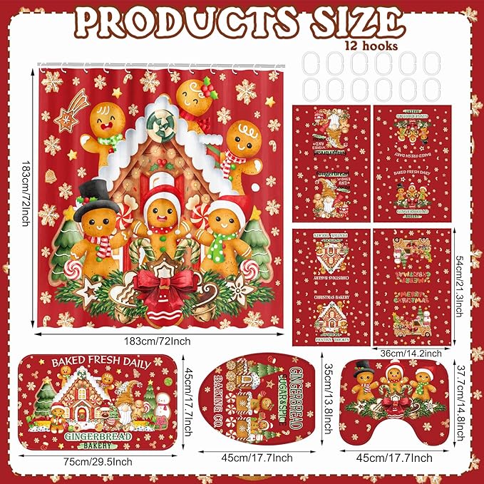 8 Pcs Christmas Shower Curtain Set Xmas Santa Bathroom Decoration Christmas Tree Hand Towels Snowman Toilet Lid Cover Bathroom Rugs Xmas Shower Curtain with Hooks(Gingerbread Man)
