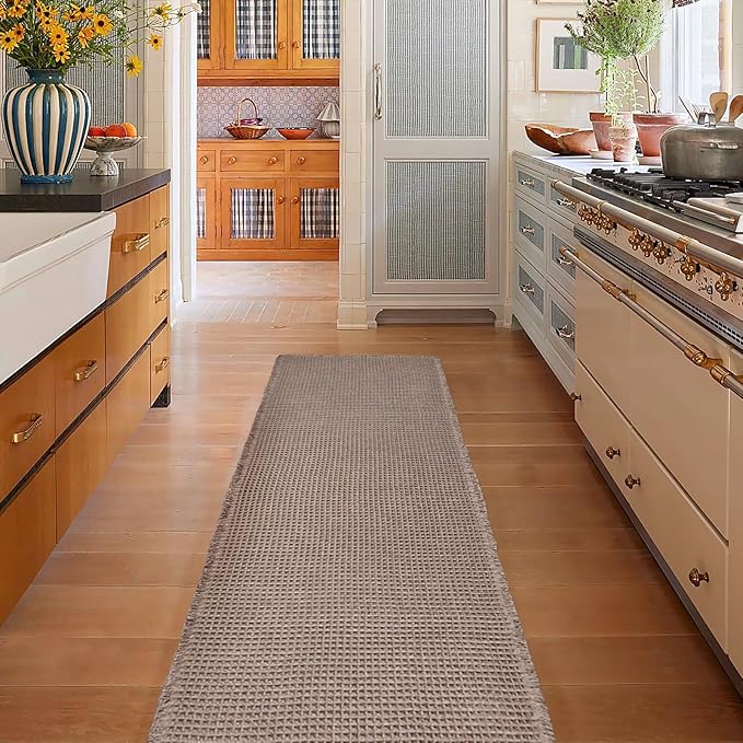 ZALL Tan Waffle Bath Mat,Super Absorbent Non Slip Long Bathroom Runner Rug,Brown 24X60inch,Machine Washable Ultra Soft Floor Mats