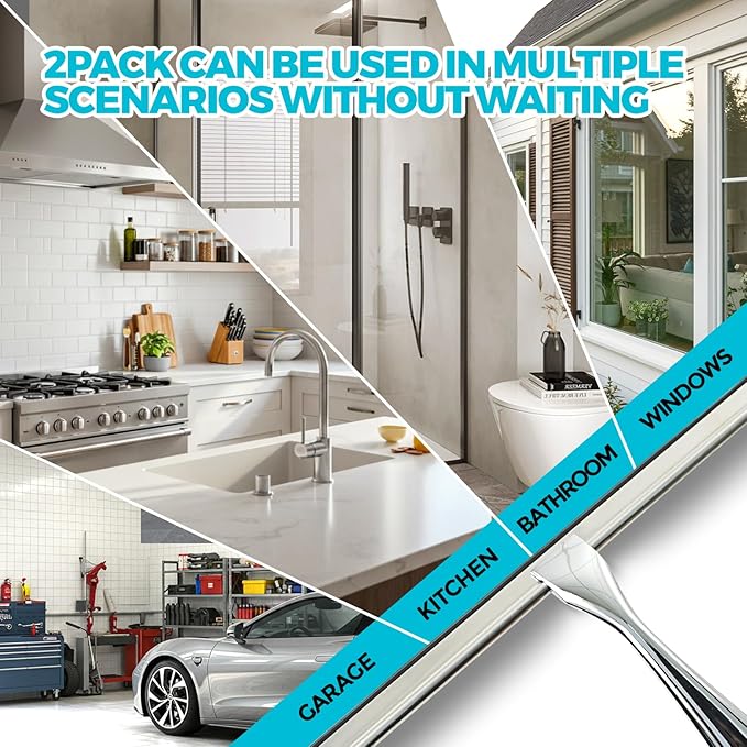 2PACK Shower Squeegee for Glass Doors, Squeegee for Shower Glass,All-Purpose Tile Walls, Bathroom, Window, Glass and Car Windshield, Mirrors and Kitchen-Stainless Steel, 10 Inches, Silver