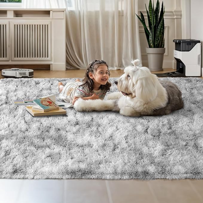 Tie Dyed Grey Fluffy 8x10 Area Rug for Living Room, Plush Shag Rugs for Bedroom, Large Soft Furry Carpets for Kids Room, Modern Indoor Nursery Carpet for Classroom Dorm Cozy Comfy Home Decor