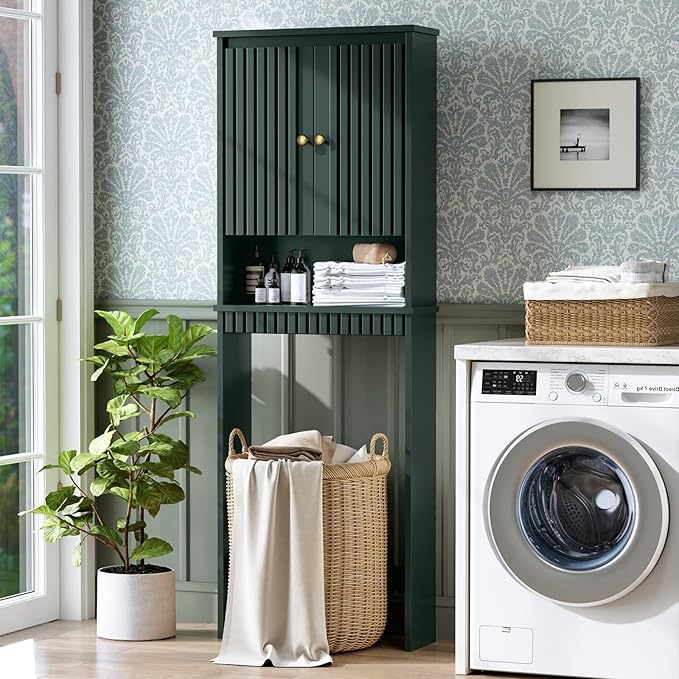 Over The Toilet Storage Cabinet, Above The Toilet Storage with Fluted Panel Doors and Soft Hinges, Over Toilet Bathroom Organizer Spacesaver Rack (Forest Green)