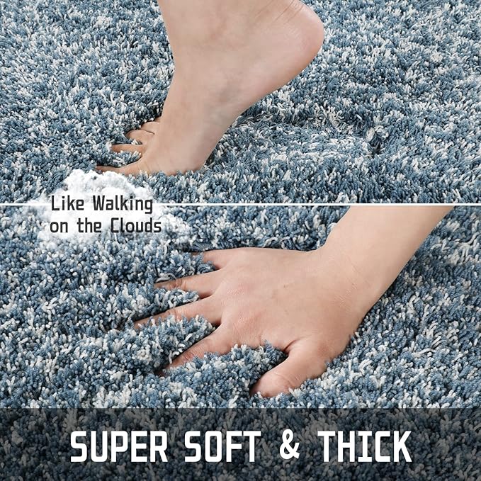 Yimobra Luxury Bathroom Rugs, Fluffy Bath Mats, Non Slip, Water Absorbent Microfiber, Machine Washable, Plush Runner Shower Rugs, Thick Matts for Bathroom Floor&Tub, 70"x 24", Denim Blue and White