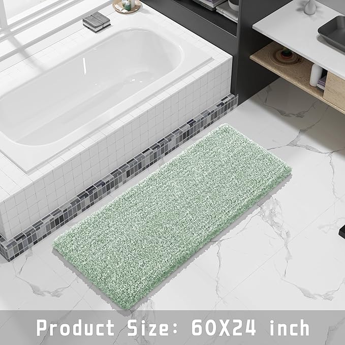 Yimobra Luxury Bathroom Rugs, Fluffy Bath Mats, Non Slip, Water Absorbent Microfiber, Machine Washable, Plush Runner Shower Rugs, Thick Matts for Bathroom Floor&Tub, 60"x 24", Light Green and White