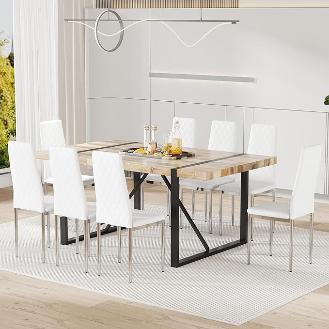 JT Modern Minimalist Dining Chair Fireproof Leather Sprayed Metal Pipe Diamond Grid Pattern Restaurant Home Conference Chair Set of 4 Or 6 (8, White)