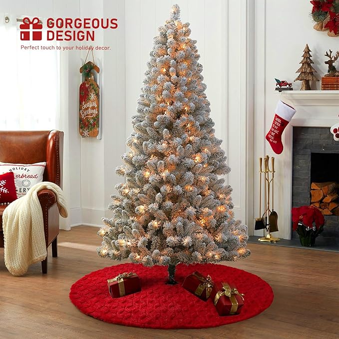 Christmas Tree Skirt 48 inches Faux Fur White Christmas Tree Skirt for Christmas Tree Decorations Winter Holiday Home Christmas Party Ornaments (Red/Diamond)