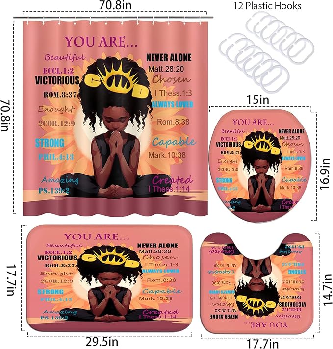 4PCS Black Praying Girl Shower Curtain Set, Cute African American Girl Shower Curtains with Hooks and Bath Mat Sets, Inspirational Quote Romantic Sunflower Halloween Bathroom Decor Sets