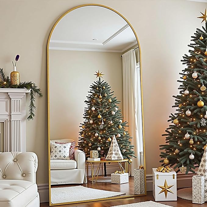 TinyTimes 78''x38'' Oversized Full Length Mirrors, Arched Floor Mirror with Stand, Full Body Large Standing Mirror/Leaning/Hanging Wall Mounted for Living Room, Bedroom, Gold