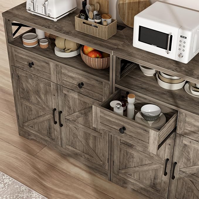 31.5" Rustic Grey Farmhouse Storage Cabinet with Barn Doors and Drawers, Sideboard Buffet Cabinet with Storage, Kitchen Pantry Hutch, Coffee Bar Station Table for Kitchen, Livingroom, Bathroom