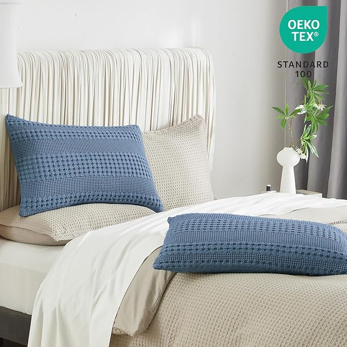 PHF 100% Cotton Waffle Pillow Shams King Size, 2 Pack 20" x 36" Soft Skin-Friendly Pillowcases, No Filling, Aesthetic Woven and Breathable Waffle Weave Pillow Case Covers for Bed, Captain's Blue