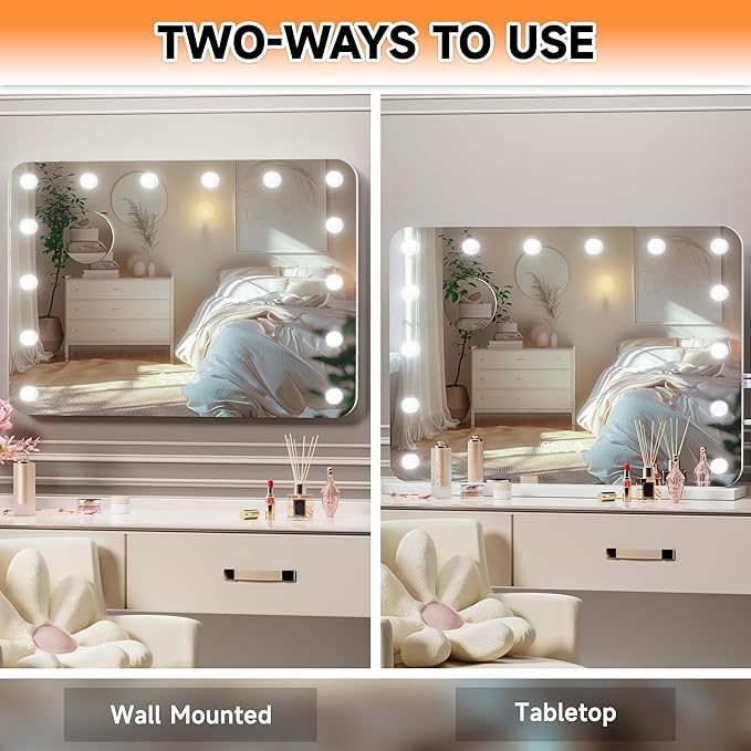 32''X22'' Hollywood Vanity Mirror with Lights, Rounded Rectangle White Frame, 3 Color Lighting Modes & Stepless Dimming, USB & Type-C Charging Port, Wall Mounted Or Tabletop