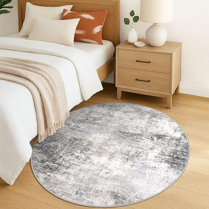 IOHOUZE Round Area Rug 5 Ft Circle Entryway Rugs Round Washable Door Mat Indoor Entrance, Non Slip Circle Front Door Rug, Printed Abstract Faux Wool Floor Carpet for Foyer Porch Sink, Grey Beige