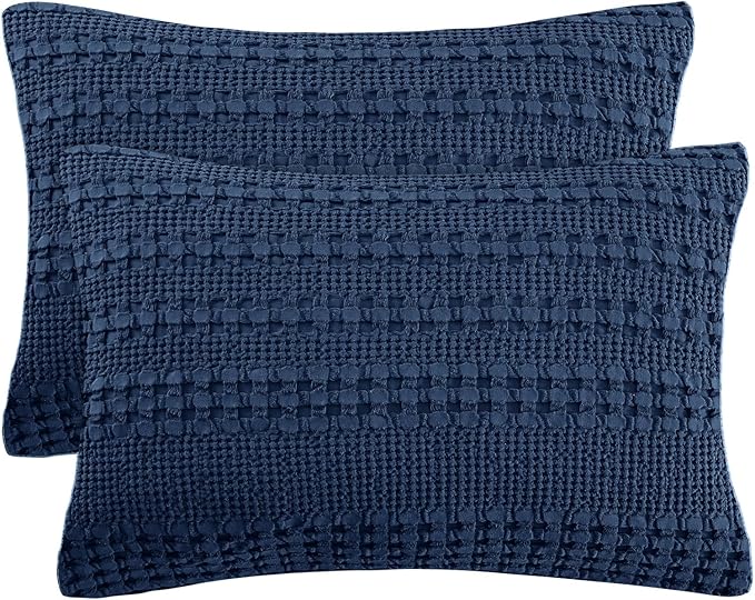 PHF 100% Cotton Waffle Pillow Shams Standard Size, 2 Pack 20" x 26" Soft Skin-Friendly Pillowcases, No Filling, Aesthetic Woven and Breathable Waffle Weave Pillow Case Covers for Bed, Bright Navy Blue