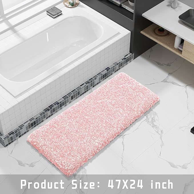 Yimobra Luxury Bathroom Rugs, Fluffy Bath Mats, Non Slip, Water Absorbent Microfiber, Machine Washable, Plush Soft Shower Rugs, Thick Matts for Bathroom Floor&Tub, 47"x 24", Light Pink and White