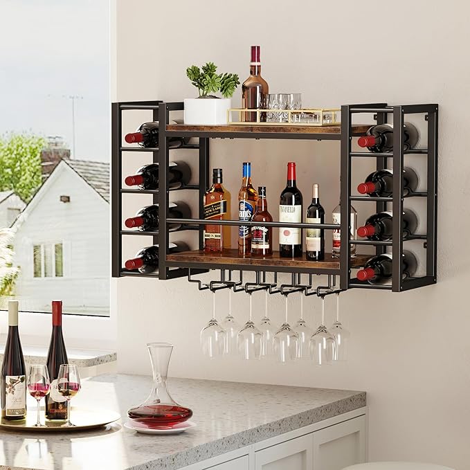 Wall Mounted Wine Rack, Bottle & Glass Holder, Wood & Metal Wine Shelf Storage with Top Enclosure, Heavy Duty Bar Decor for Home, Kitchen, Bar (31.9" x 9.8" x 19.7")