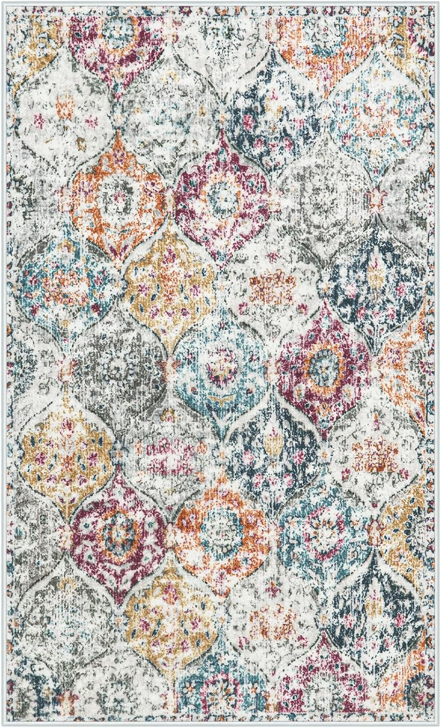 Lahome Moroccan Trellis Washable Small Area Rug, 3x5 Black Rug for Bedroom Living Room, Non-Slip Oriental Accent Throw Carpet for Kitchen Office Entryway Bathroom Office, Aqua/Multi