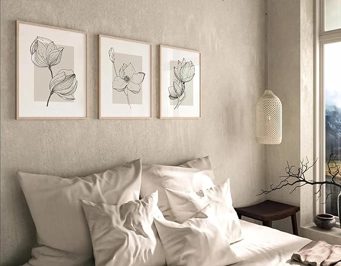 3Pcs Neutral Botanical Canvas Wall Art Beige Simple floral Painting Pictures Wall Decor Vintage Line flower Poster Print Artwork for Living Room Bedroom Bathroom Scene Home Decoration Unframed
