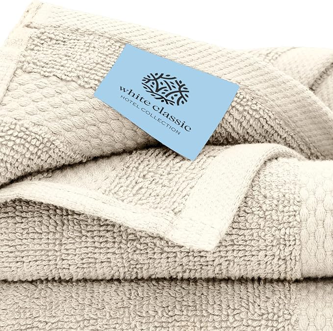 White Classic Luxury Bath Towel Set of 8 Pieces - 100% Turkish Cotton Highly Absorbent Towels for Bathroom, 2 Luxury Bath Towels 700GSM, 2 Hand Towels, 4 Washcloths, Ivory