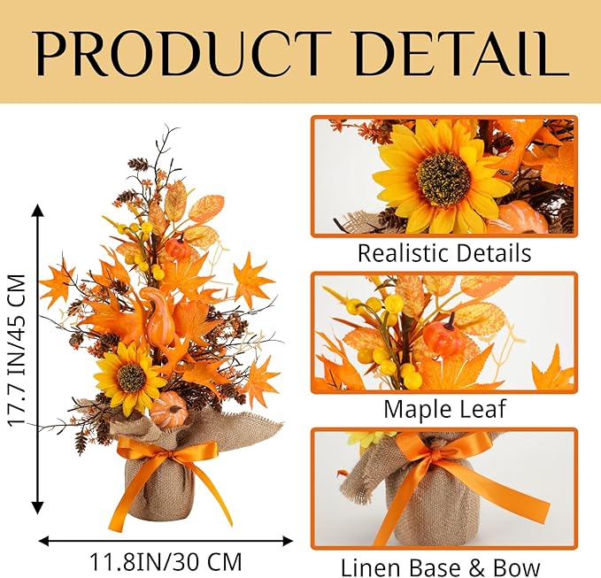 18 Inch Fall Table Tree, LED Lighted Fall Tree with Sunflowers Maple Leaf Pumpkin,Artificial Fall Tree for Autumn Harvest Thanksgiving Home Decor