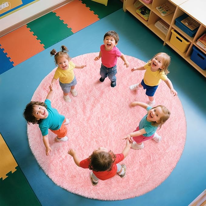 Pink Round Rug for Bedroom, 5Ft Fluffy Circle Area Rugs for Living Room, Shag Fuzzy Carpet for Kids Room, Nursery, Dorm, Classroom, Teen, Cute Baby Play Mat Home Decor Aesthetic