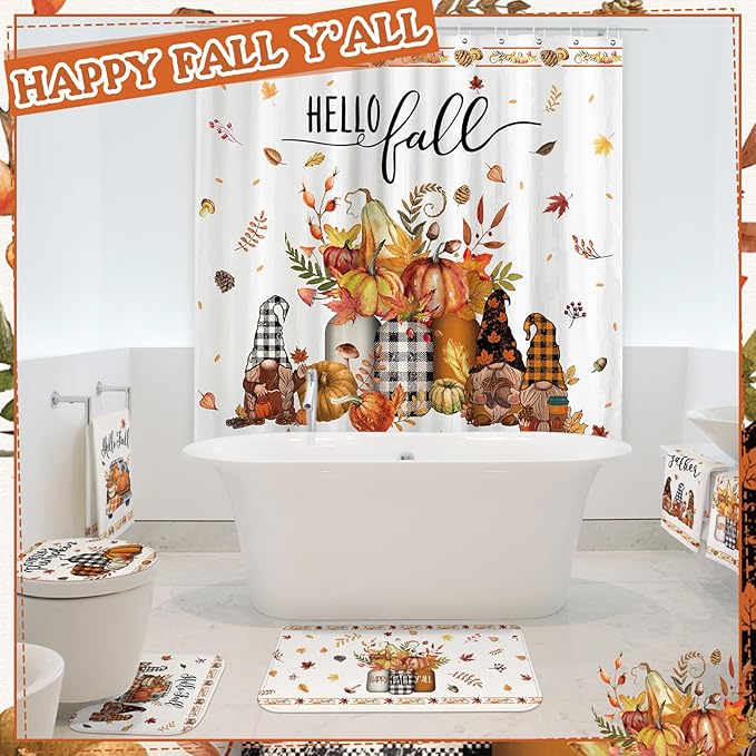 8 Pcs Hello Fall Shower Curtain Set for Bathroom Include Harvest Autumn Gnome Shower Curtain Towels Non Slip Rugs Toilet Lid Cover Pumpkin Bath Mat and 12 Hooks for Autumn Bathroom Decor
