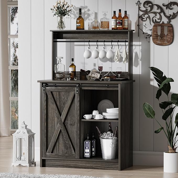 4ever2buy Farmhouse Coffee Bar with Hutch, 31 Inch Buffet Cabinet with Sliding Barn Door, Storage Bar Cabinet with 6 Hooks, Coffee Bar Table with Adjustable Shelves for Living Dining Room, Grey