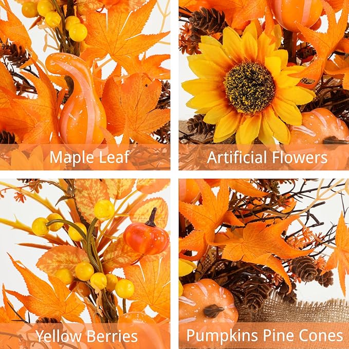 18 Inch Fall Table Tree, LED Lighted Fall Tree with Sunflowers Maple Leaf Pumpkin,Artificial Fall Tree for Autumn Harvest Thanksgiving Home Decor