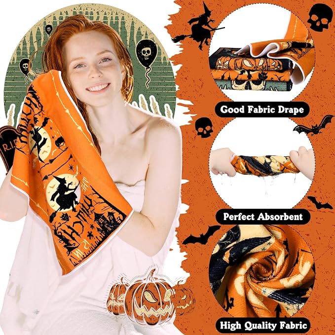8 Pcs Halloween Shower Curtain Set for Bathroom Include Witch Shower Curtain Black Cat Towels Non Slip Rugs Toilet Lid Cover Spooky Pumpkin Bath Mat and 12 Hooks for Halloween Bathroom Decor