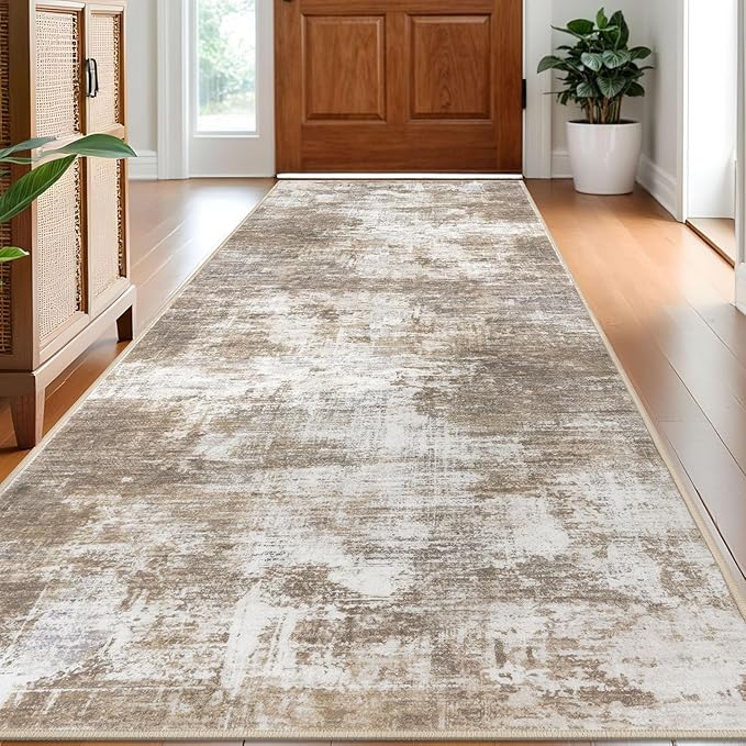 IOHOUZE Abstract Runner Rug 3x8 Ft Washable Runners for Hallways, Non Slip Kitchen Runner Printed Faux Wool Entryway Runner Indoor, Modern Abstract Floor Carpet for Hall Kitchen Bedroom, Beige Brown